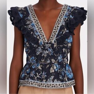 Sea New York Floral V-Neck Blouse - Blue and Black